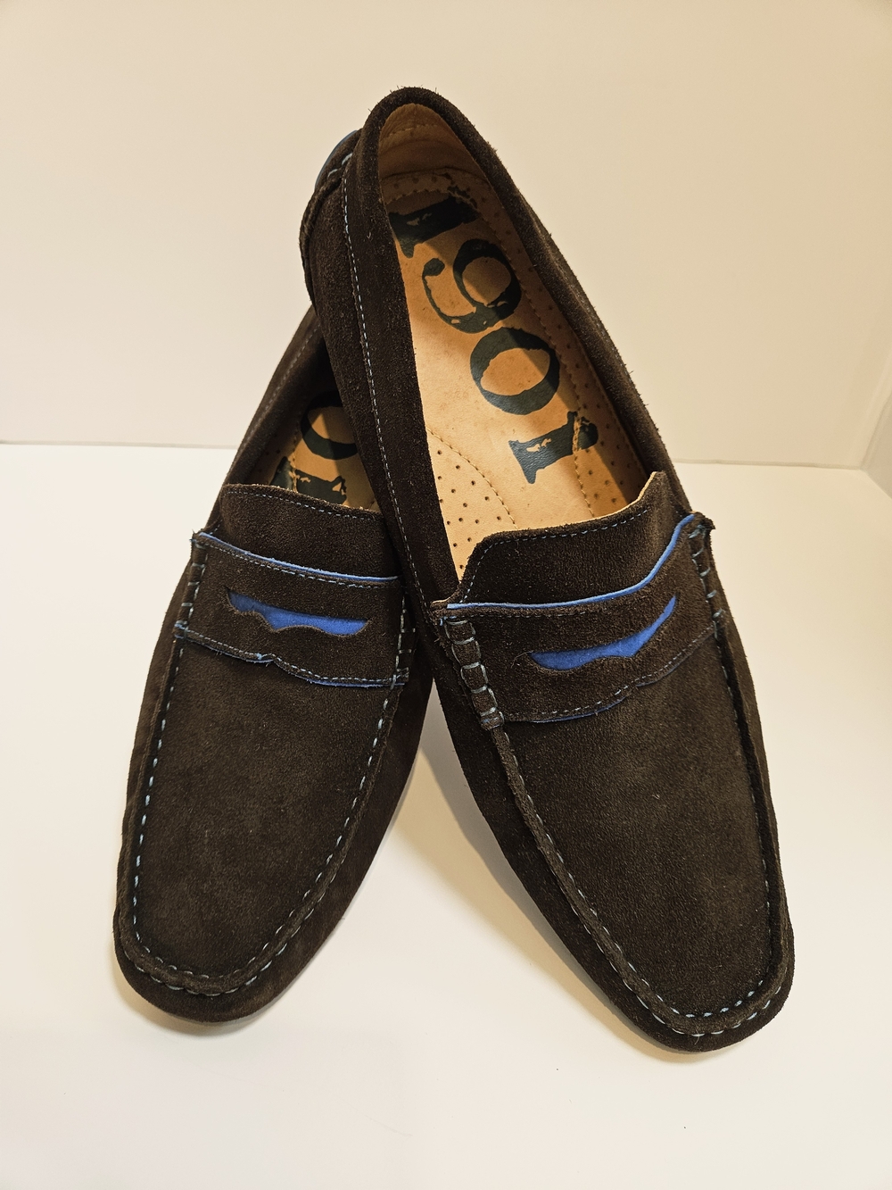 1901 Men's Suede Driving Loafers Size 13 M Brown Blue Stitching Made in Brazil